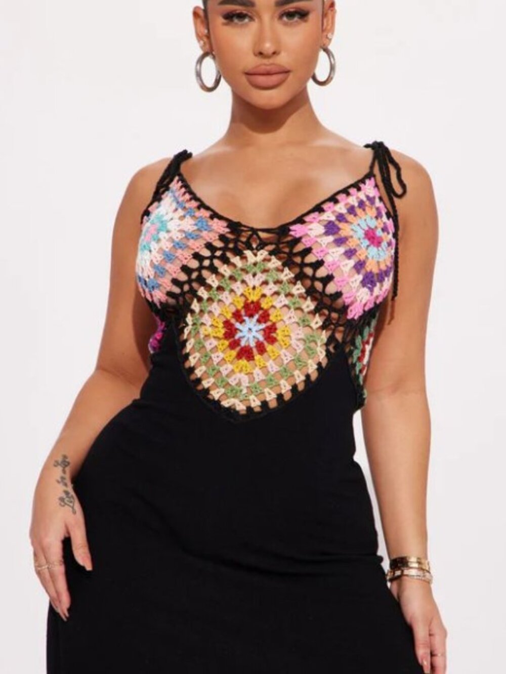 Fashion Nova Black  Maxi Dress with Multicolor Crochet TOP NEW S